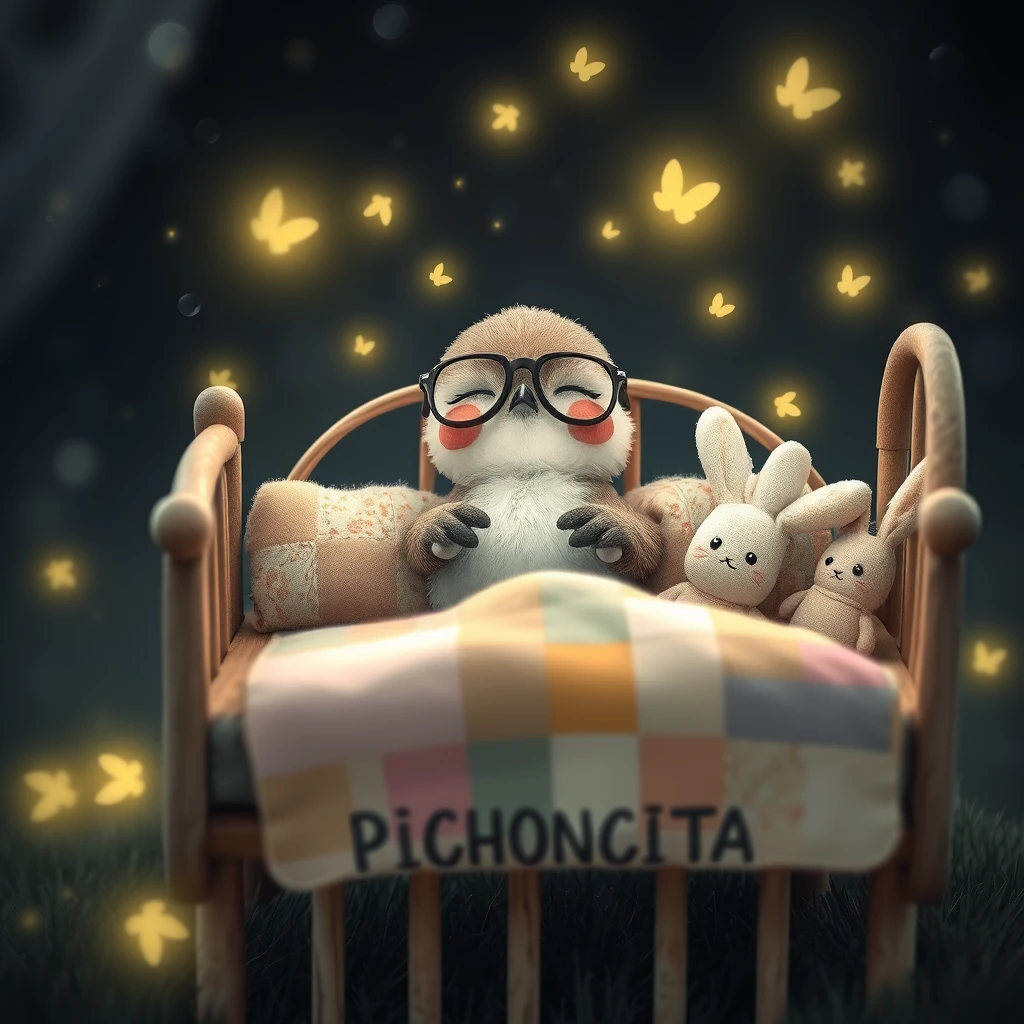 /Imagine it is nighttime. A delicate soft Kawaii hummingbird with glasses is sleeping in its little bed, surrounded by fireflies, with a patchwork blanket and tiny cute stuffed bunnies, and the name PICHONCITA written on the crib.