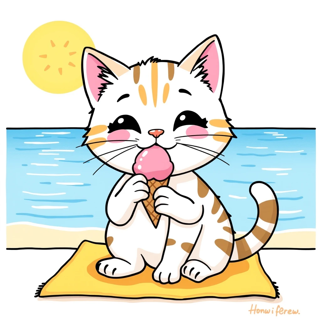 "Draw a cute cat eating pink ice cream on a yellow mat by the seaside. In a modern style."