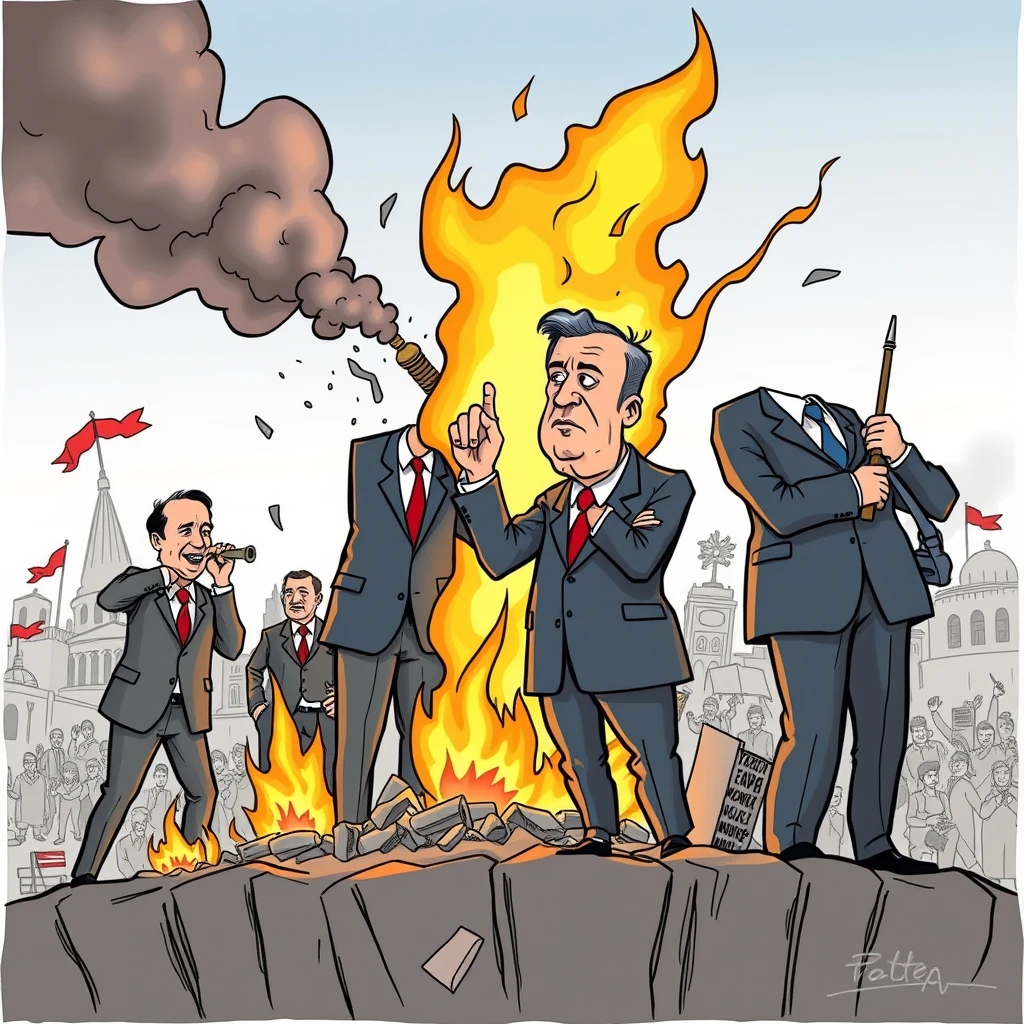 "Create a political cartoon that satirizes the incompetence and mistakes of politicians in dealing with society's various problems. Show politicians as clueless or indifferent, perhaps fiddling or engaging in trivial activities while the world around them burns or crumbles. Illustrate the growing issues like economic crisis, social unrest, and rising extremism being ignored or mishandled by these leaders. The cartoon should convey a sense of frustration with the political leadership's failure to address critical issues." - Image