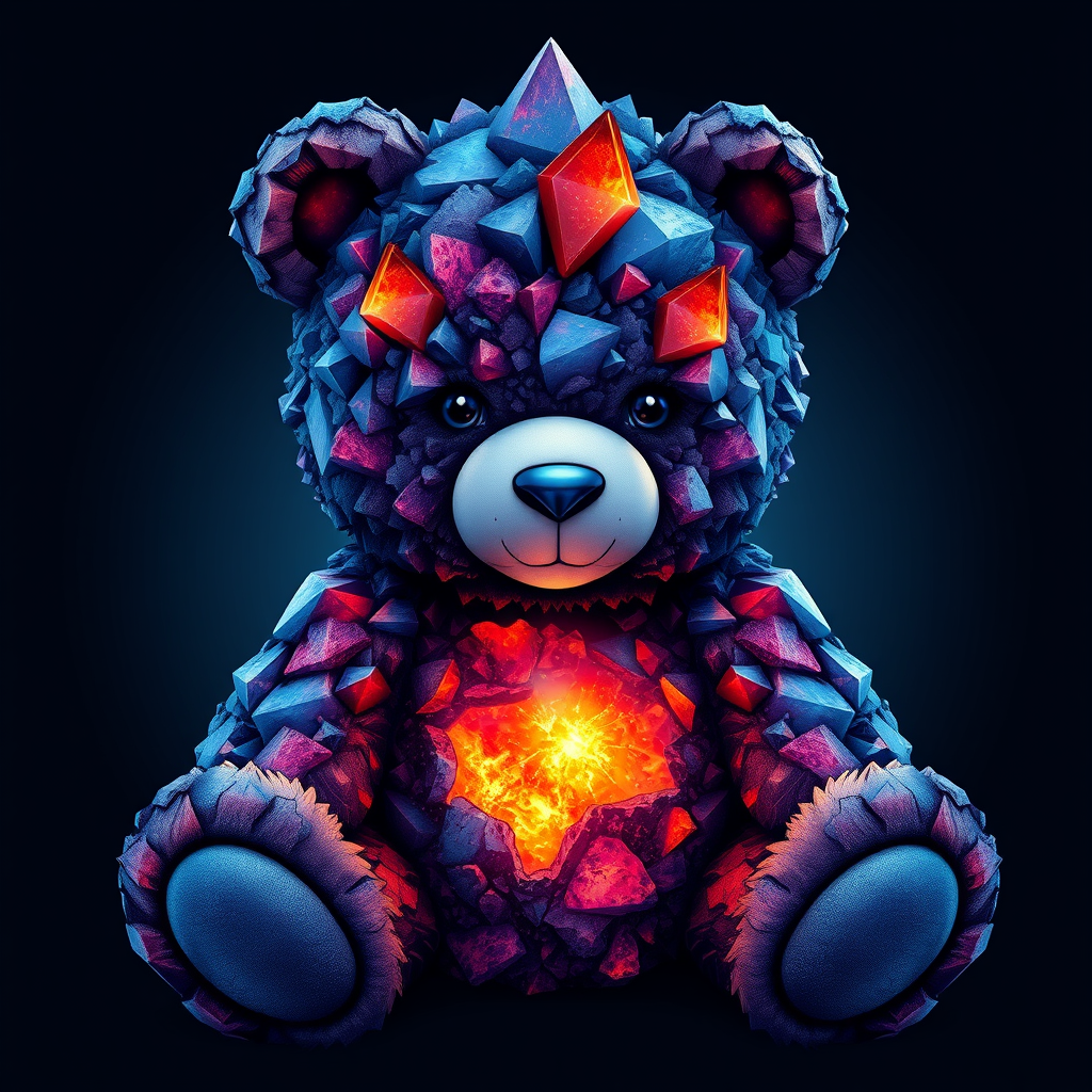 A tee shirt design of a teddy bear whose entire body, ears, and head are perfectly made of a beautiful jagged mineral that looks reminiscent of the universe with uneven colorful shards sticking out. Striking and beautiful, with deep blues and purples contrasting with vibrant reds and orange. Passionate soulful glow coming from his chest.