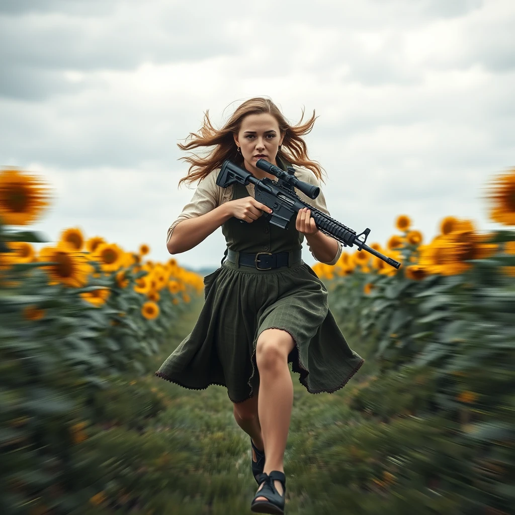 A 20-year-old Ukrainian woman running forward of the camera in a sunflower field, holding a sniper rifle, (Ukrainian costume: 1.4), Style by Rick Remender, motion blur, action, full body, award-winning work. - Image