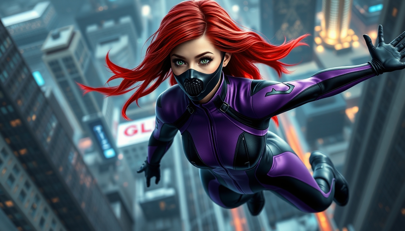 I used Flux AI Image Generator to create this image of a woman with red hair and green eyes. She's wearing a skin tight black and purple spandex suit. The suit has a high collar and long sleeves. She's wearing a black metallic mask and gliding through the air. We can see every detail of her outfit from head to toe, including her boots. The background is a futuristic city. I love this image; it's like something out of a fantasy movie.