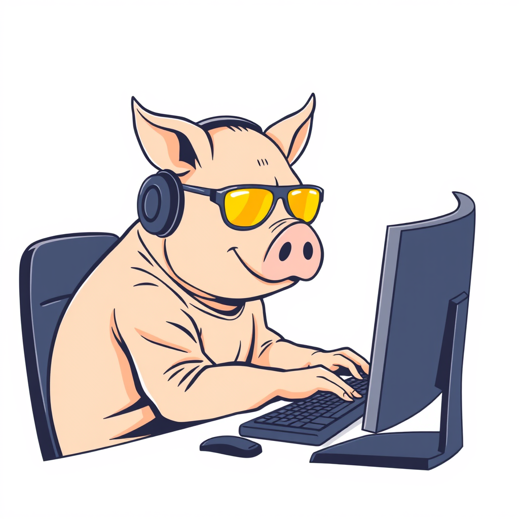 A tech-savvy porcine coder, donning retro yellow-tinted aviators and sleek noise-cancelling headphones, hunches over a cutting-edge curved multi-monitor setup. The anthropomorphic pig exudes focus, typing furiously. Design a minimalist logo for Samkemp55, emphasizing clean lines and a futuristic feel.