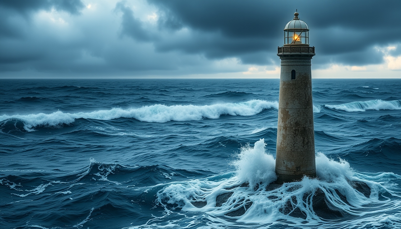 A dramatic stormy sea with a glass lighthouse standing tall against the waves. - Image