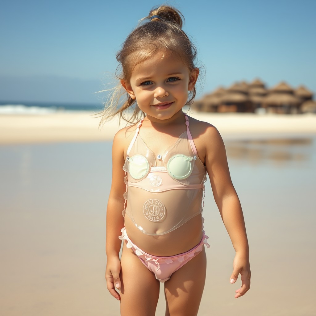 cute little girl on the beach in a bikini made of clear plastic