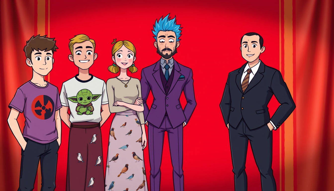 A cartoon style of five men are standing together against a backdrop, the backdrop is divided equally in half down the middle, the left side is red, and the right side is gold. The young man is wearing a t-shirt with a Yoda motif, and she has a long skirt with birds on it. One man is wearing a three-piece purple suit, and he has spiky blue hair.