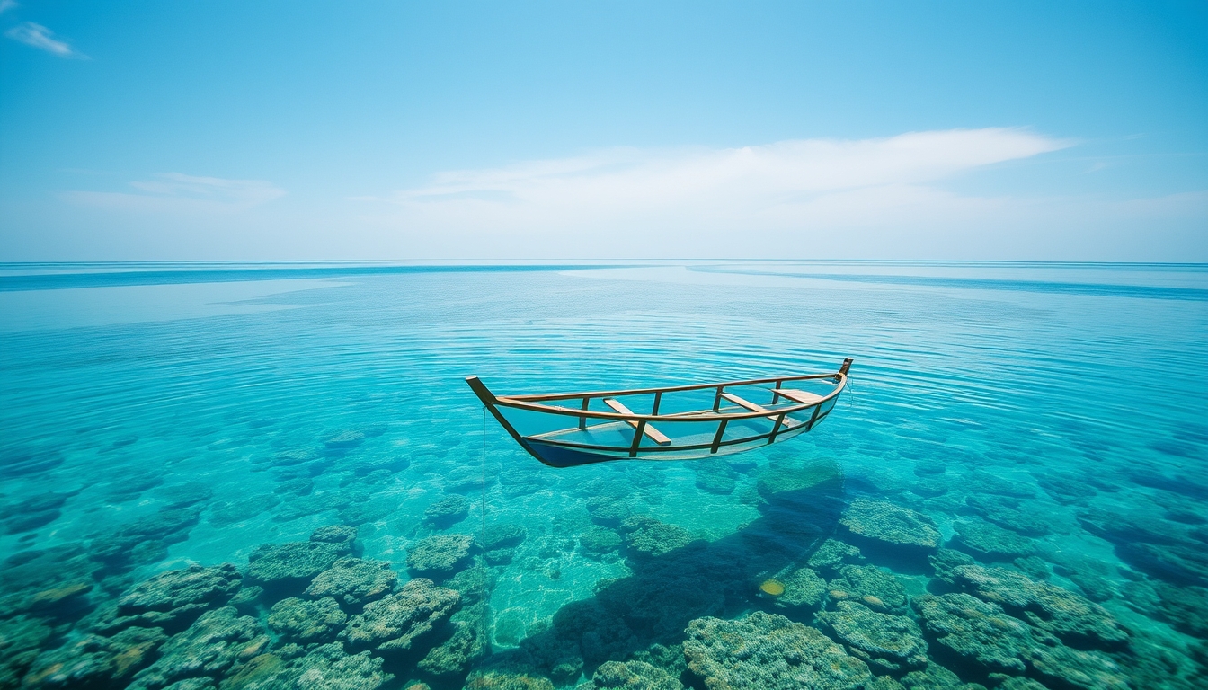 A tranquil beach with a glass-bottomed boat floating over a coral reef. - Image