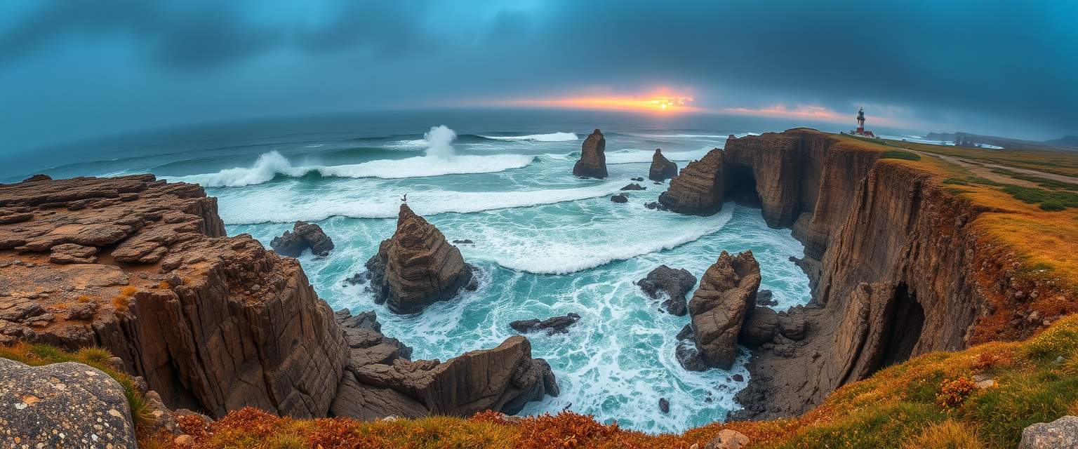 Awe-inspiring, rugged coastline, rocky cliffs, crashing waves, high quality, photorealistic, dramatic, wild, seagulls, stormy, panoramic, breathtaking tide pools, sea stacks, hidden caves, coastal hiking trails, lighthouse, mist, vibrant sunset. - Image