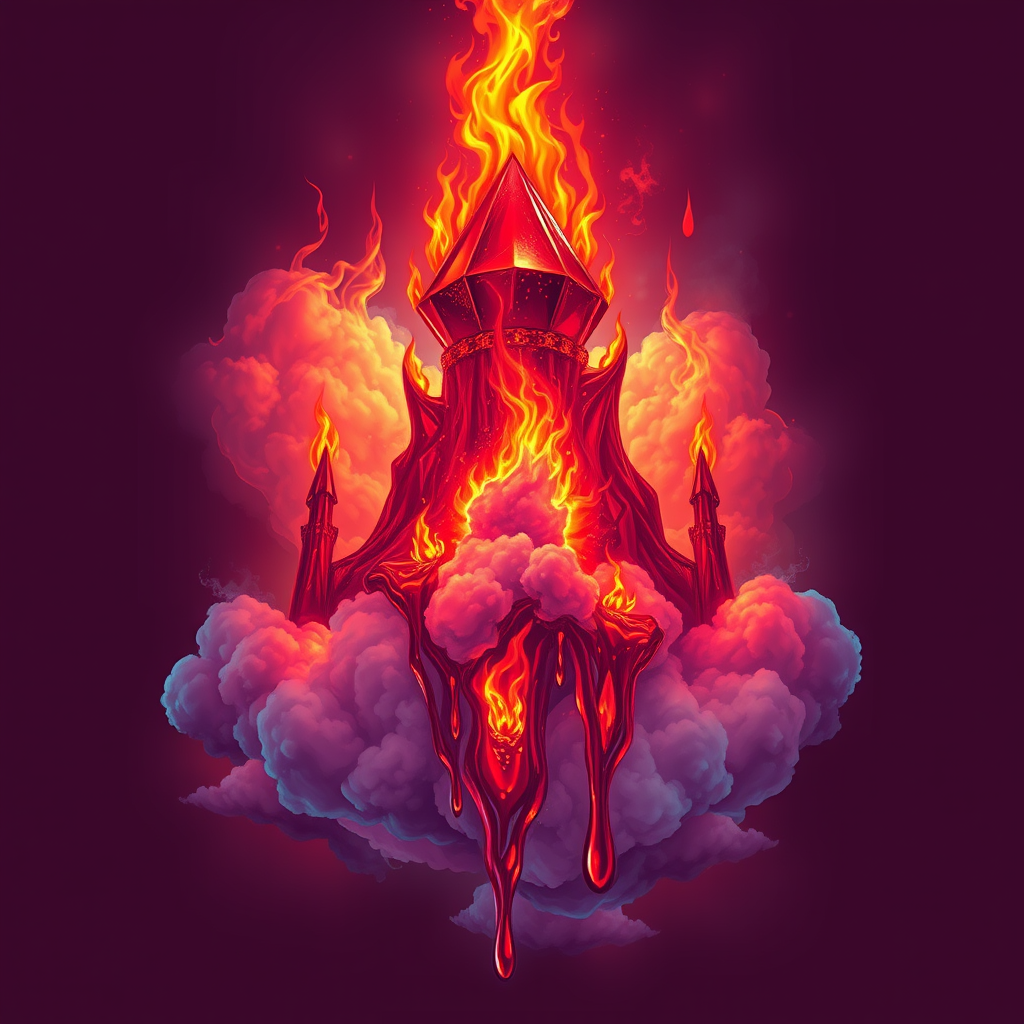 A tee shirt design of a beautiful ruby red kingdom in the clouds on fire with beautiful liquid red ruby dripping with flames. The ruby has subtle colorful embers burning in the ruby. Inside of the ruby should be reminiscent of beautiful galaxies perfectly blended with chaos. Striking and otherworldly on a transparent background, the flames should have an outline of a beautiful blue ethereal glow.