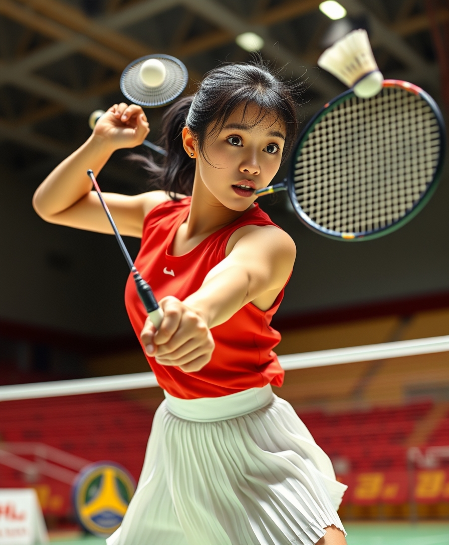 A detailed, realistic portrait of a young woman playing badminton in an indoor sports arena. The woman is wearing a bright red jersey and is mid-swing, her body in a dynamic, athletic pose as she focuses intently on the shuttlecock. The background is blurred, with glimpses of the court, net, and spectator stands visible. The lighting is natural and directional, creating shadows and highlights that accentuate the woman's features and muscular definition. The overall composition conveys a sense of energy, movement, and the intensity of the game. The image is highly detailed, with a photorealistic quality that captures the textures of the woman's clothing, skin, and the badminton equipment. A woman with a beautiful face like a Japanese idol, she is wearing a white pleated skirt. Badminton rackets and shuttlecocks with dynamic swings and motion blur depict the human body with a flawless personality. - Image