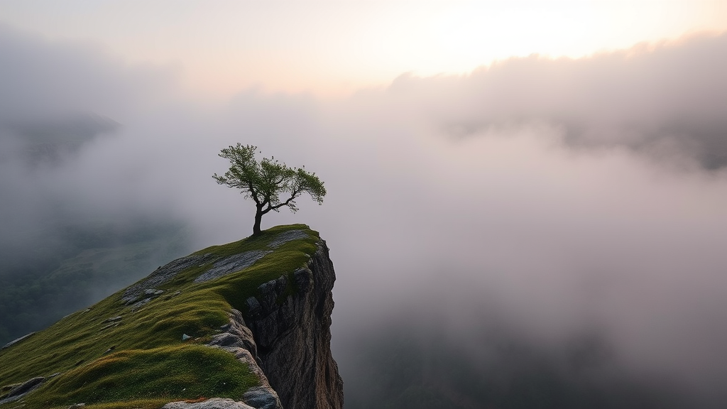 a lone tree on the edge of a cliff at sunrise in a foggy valley, by Ivan Grohar, a picture, art photography, misty mood, foggy landscape, dawn light, at sunrise, an amazing landscape image, award winning landscape photo