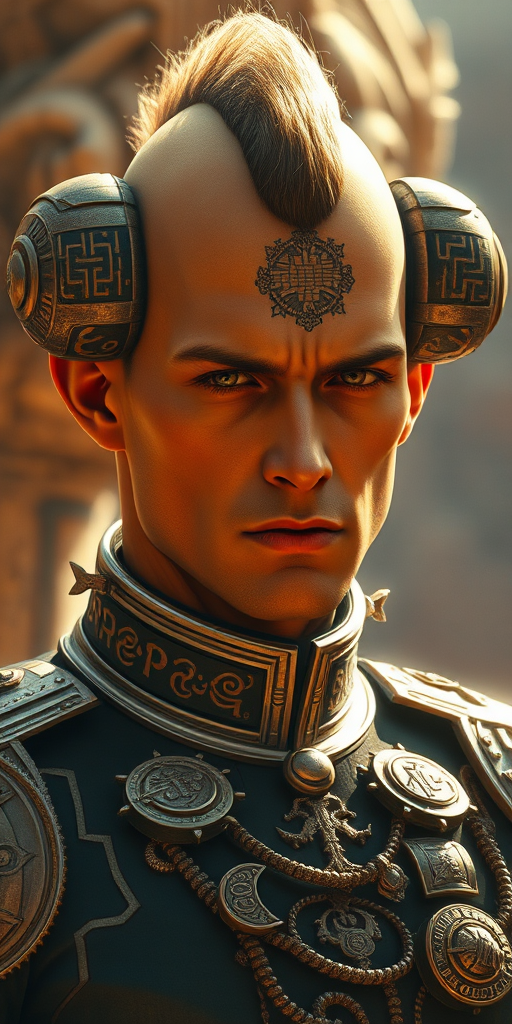 Sci-fi art by Simon Goinard, full body shot of a space prince with two prominent fleshy cranial bulges covered in tattooed glyphs on either side of a narrow strip of hair like a mohawk. He has amber skin and a smooth hairless head. The scene should evoke the militaristic imperial grandeur and baroque qualities of David Lynch's Dune adaptation from 1984, wearing an Austro-Hungarian imperial dress uniform.