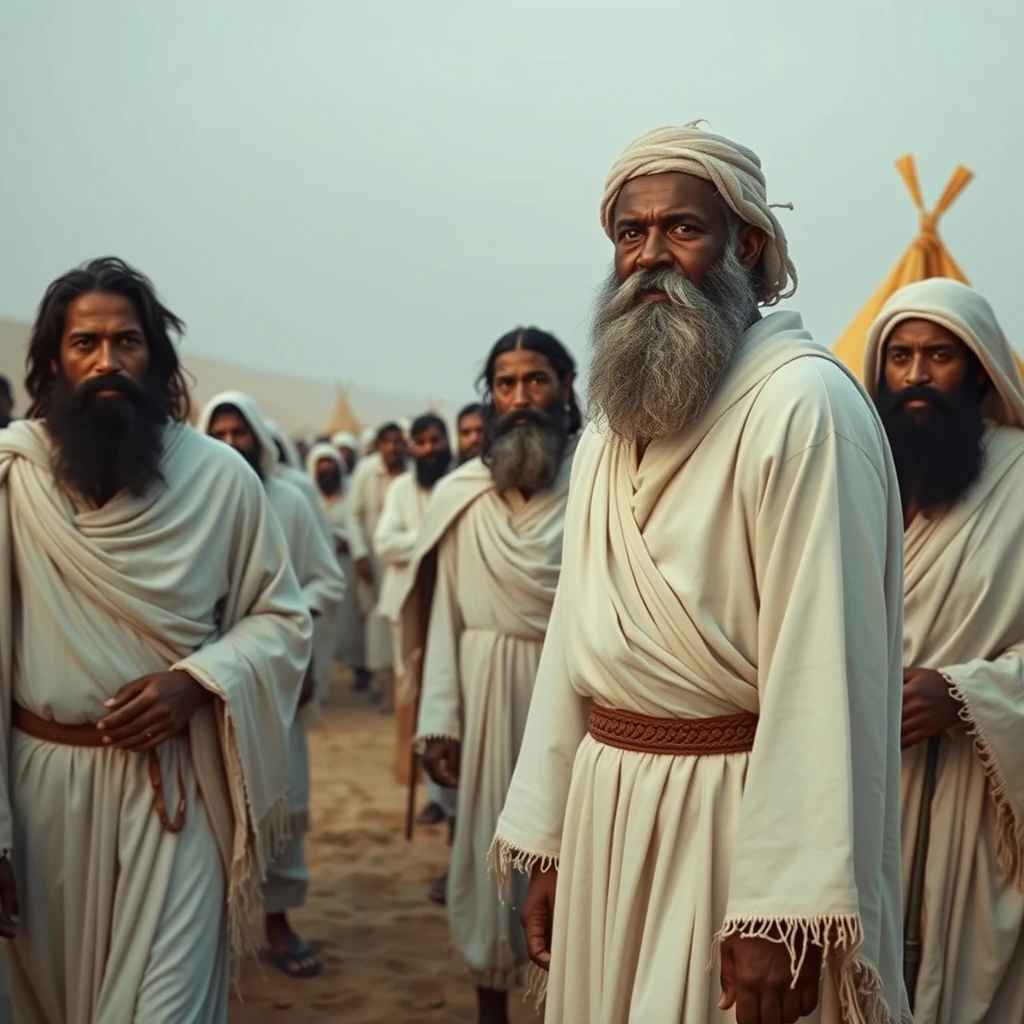 Photo-realistic image of multitudes of bearded black people dressed in white robes with fringes on the hems, with separate tents in the desert at the Exodus.