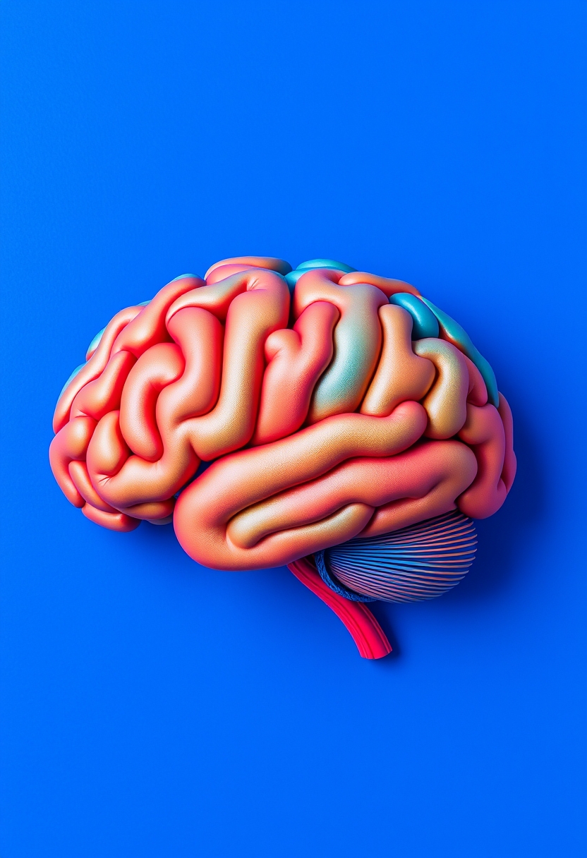 A colorful, abstract image of a brain with red and blue lines set against a blue background. - Image