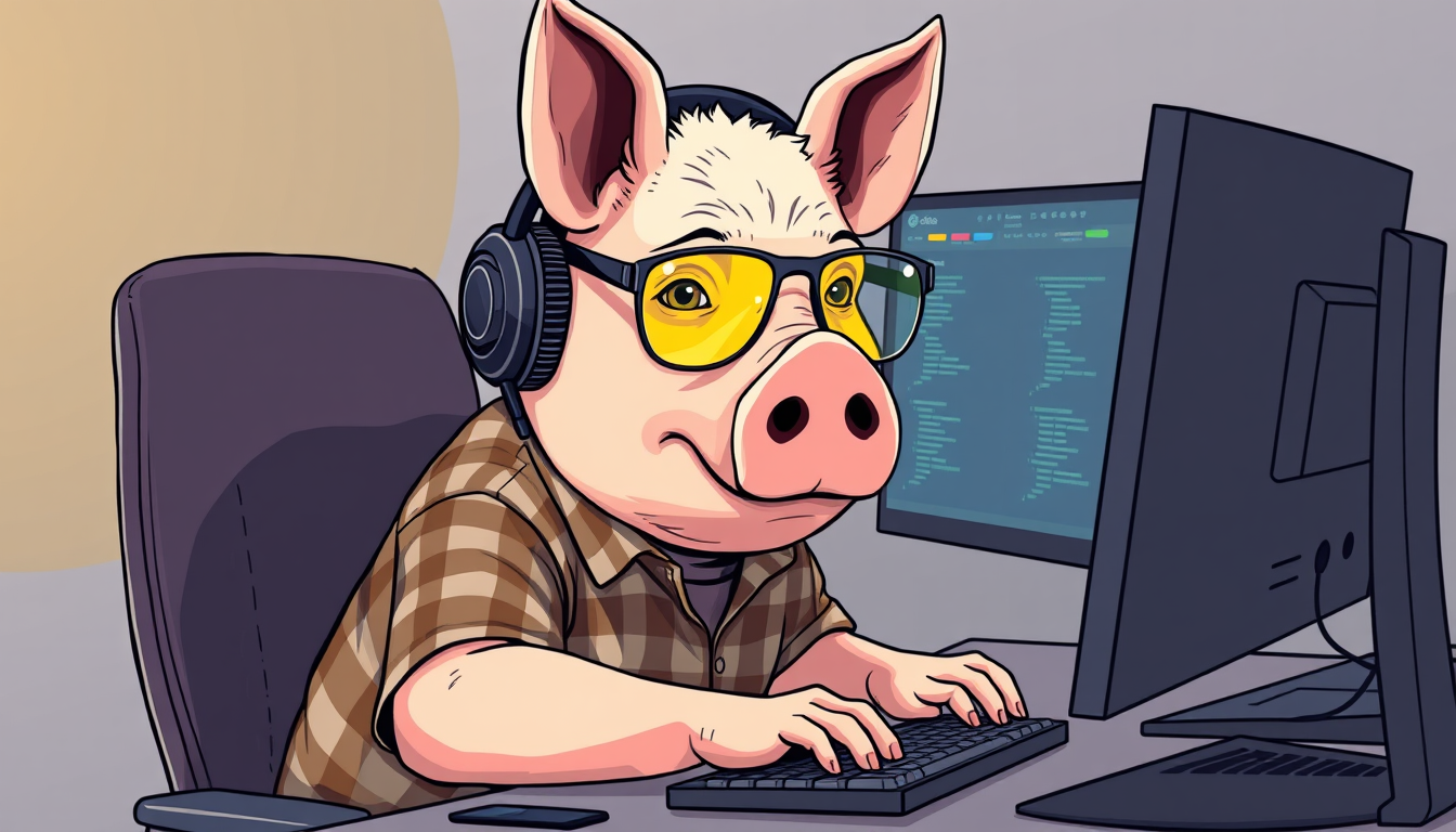 A tech-savvy pig coder, wearing yellow-tinted glasses and sleek noise-cancelling headphones, hunches over a cutting-edge multi-monitor setup. The anthropomorphic pig exudes focus, typing furiously. Wearing a plaid t-shirt.