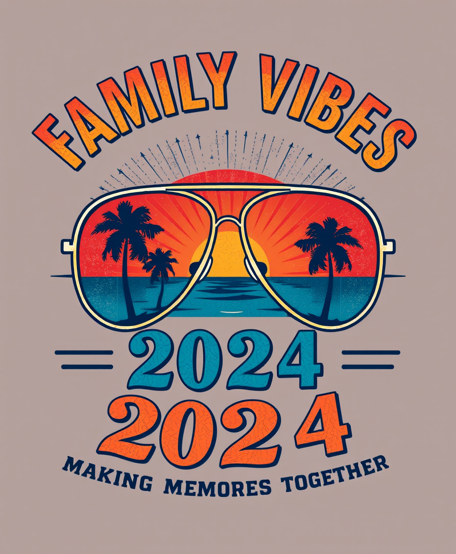 Create a vintage-style T-shirt design featuring the phrase 'Family Vibes 2024: Making Memories Together'. The design should prominently feature a pair of aviator sunglasses with lenses displaying a gradient sunset with shades of red, orange, yellow, and blue, along with silhouettes of palm trees. The numbers '2024' should be integrated within the lenses. Use a mix of bold and cursive fonts for the text to enhance the retro, nostalgic feel, and apply a slightly distressed texture to give the design a worn, classic look. - Image