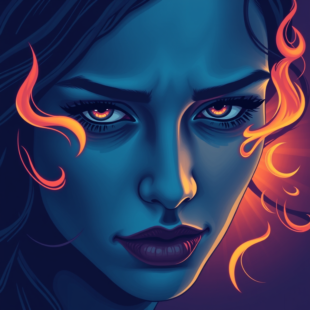 A tee shirt design of a close-up of a woman's face, inspired by the sun. Her expression is deep and soulful, reflecting both passion and sadness. Her eyes are intense and filled with emotion. The color palette is cool, featuring deep blues and purples, with a hint of warmth in her eyes. Whipping flames accent her face, blending seamlessly into the background, creating a contrast between the cool and warm tones. The overall feel is a harmonious blend of passion and melancholy, embodying the soulful essence of the sun. Transparent background.