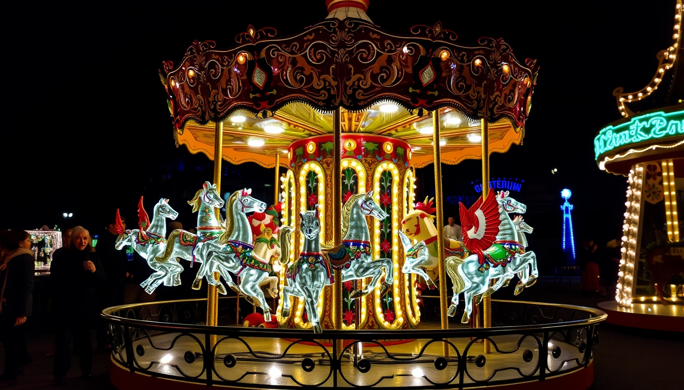 A whimsical glass carousel with beautifully detailed animals, lit up at night. - Image