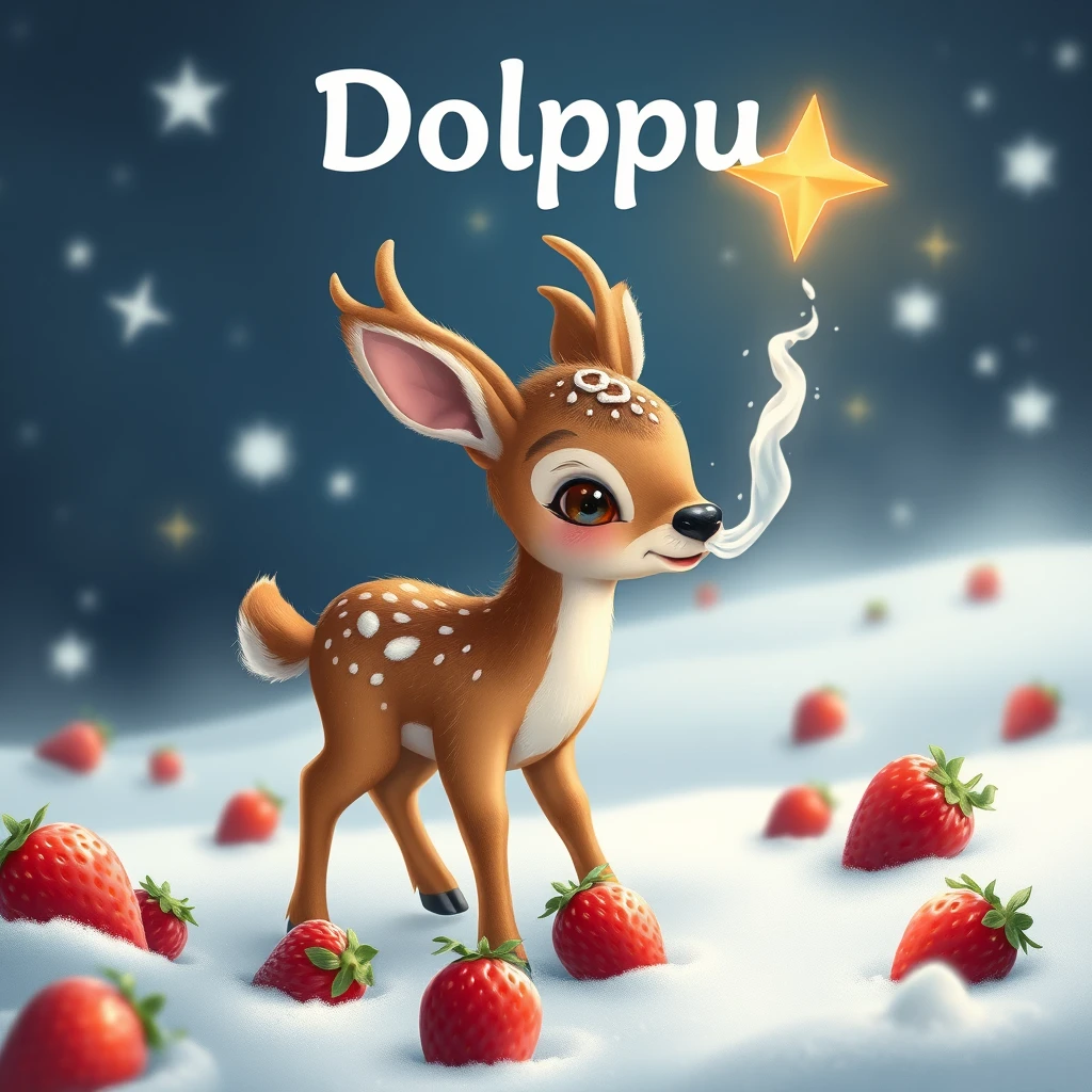 A cute baby deer that needs to drink a million strawberry milks on Earth to get to Santa's star, spaceship, "Dolppu" title text.