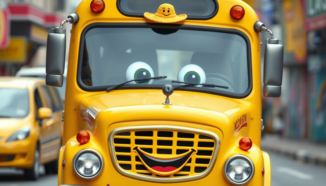 A bright yellow bus with friendly eyes on the windshield and a smiling mouth on the front grille, wearing a small hat on top. The bus looks cheerful and helpful, with a cheerful honking horn. The background is a colorful city street. - Image