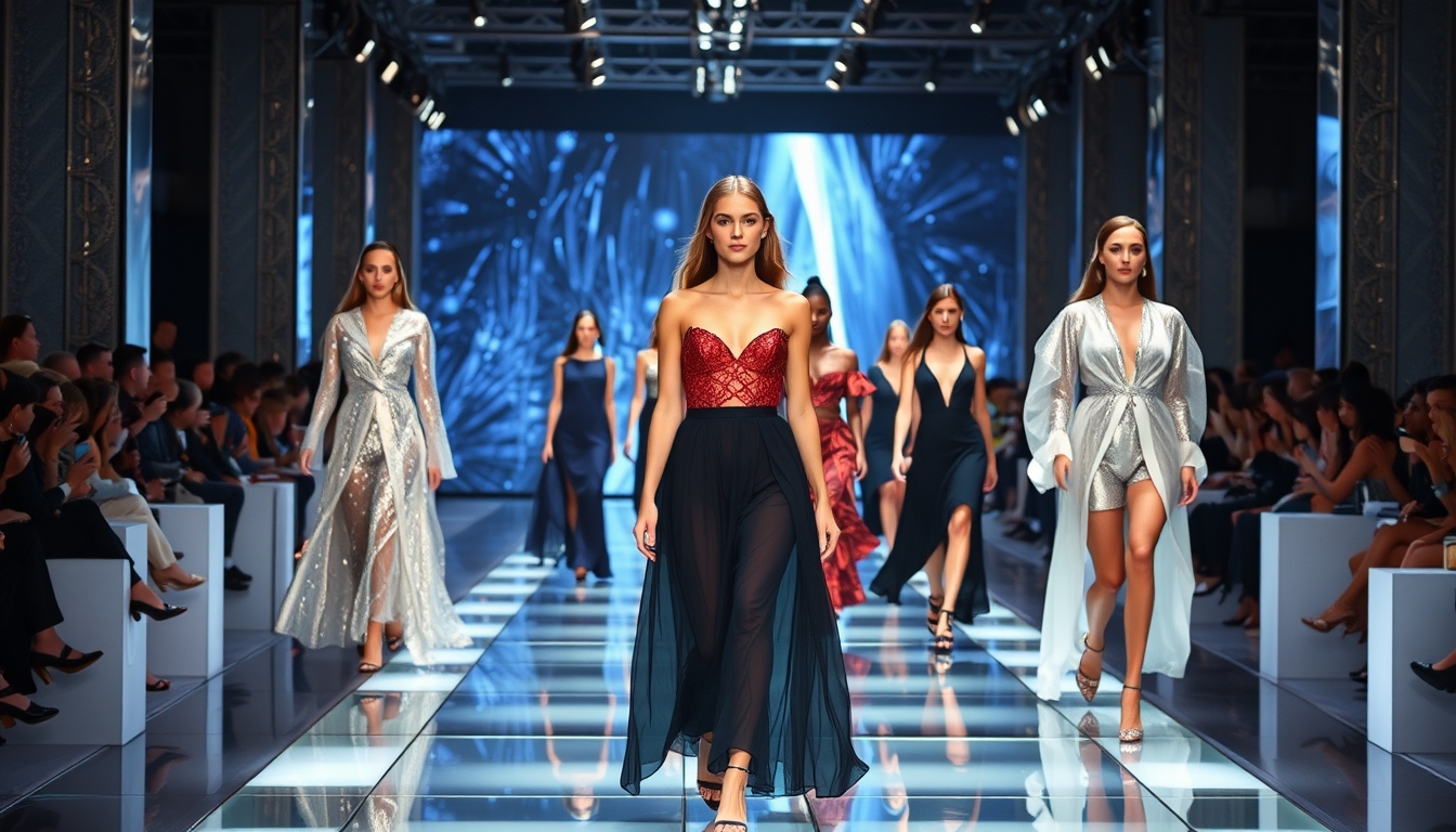 A high-end fashion show with models walking down a glass runway.