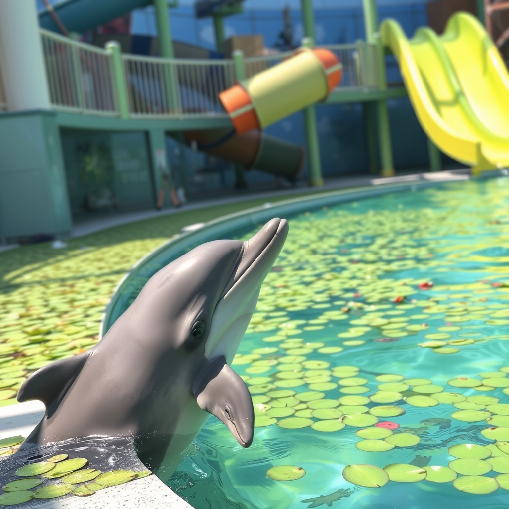 Dolphin and his baby in closed water park, algae, water slides, etc.