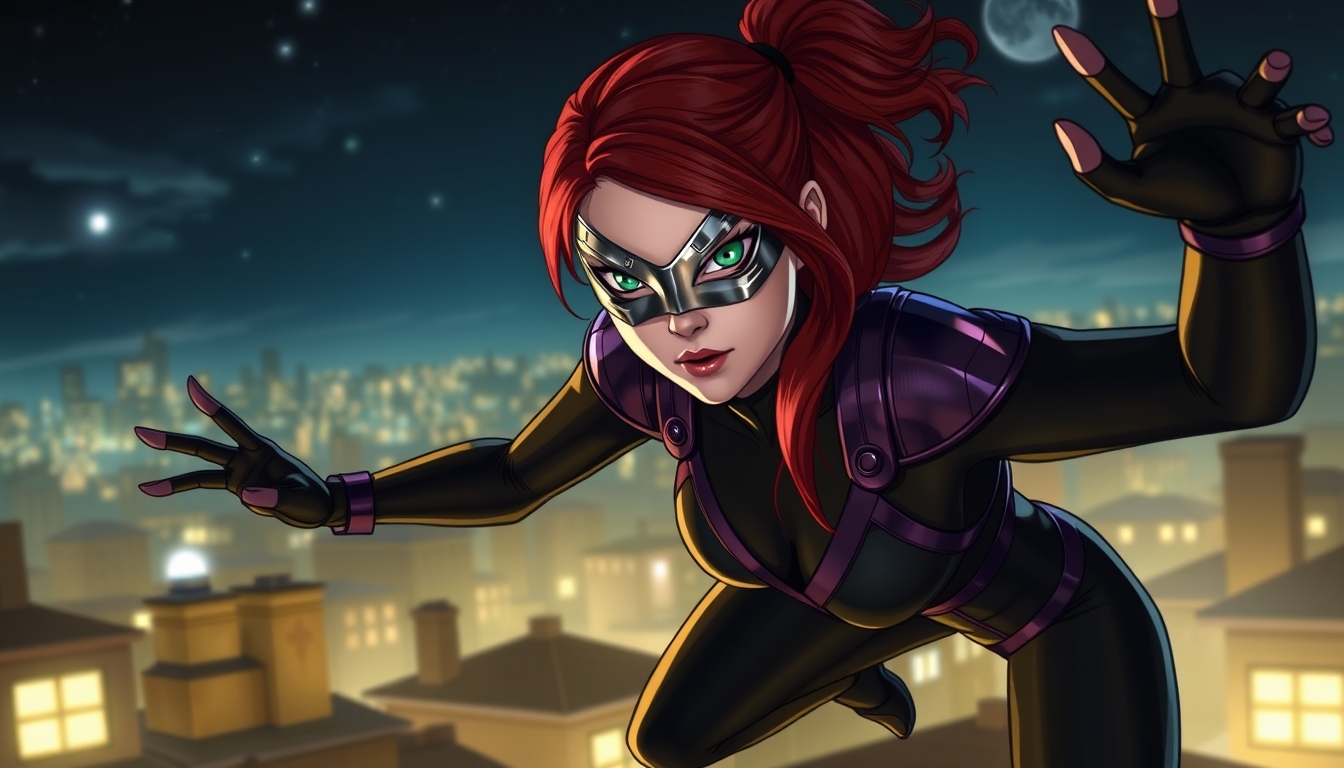 Redhead with dark green eyes, metallic eye mask, a black spandex outfit with dark purple armor on her shoulders, jumping rooftops in the night sky.