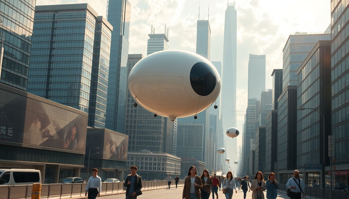 Create a stunning high-resolution image of the city of the future. The skyline should be filled with towering skyscrapers. Include a light-colored oval balloon-type robot flying rapidly through the air with tiny black balancers on either side of the balloon. There are some people walking on the street, with Asian faces, wearing fashionable and avant-garde clothes, creating a laid-back and pleasant atmosphere. The visual focus of the image highlights small balloon-type robots patrolling the air for safety, very beautiful clouds, and sunlight reflecting off the glass surfaces of the buildings, creating an atmosphere of excitement and innovation. Very clear and realistic details, 32K, top view.