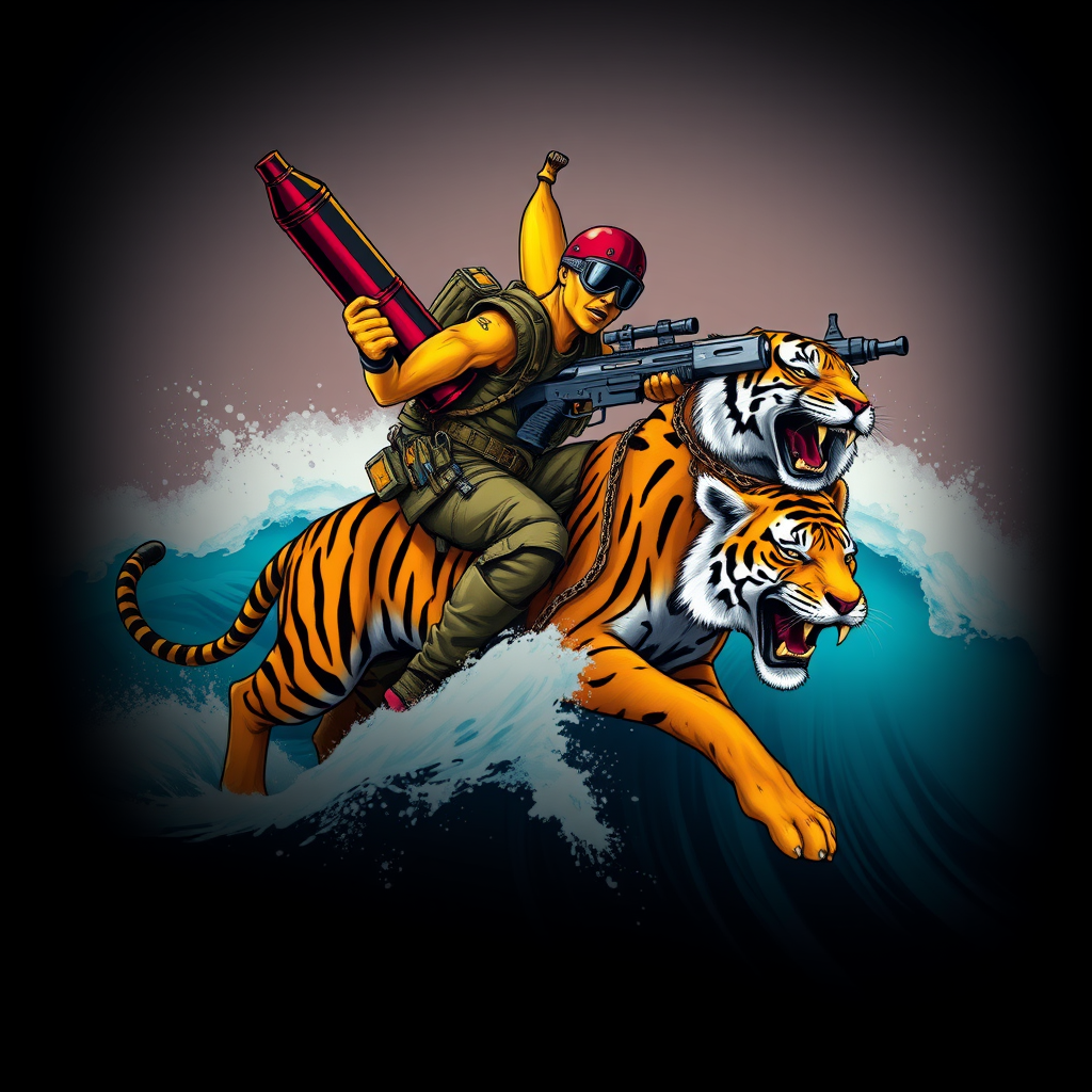 A tee shirt design of a sentient anthropomorphic determined banana man dressed in Rambo gear, carrying a huge rocket launcher with one hand, a huge chain gun in the other hand, while surfing on a Bengal tiger on a huge ocean wave. Epic design. Fading to black around the entire boundary of the image. Vibrant future punk colors.