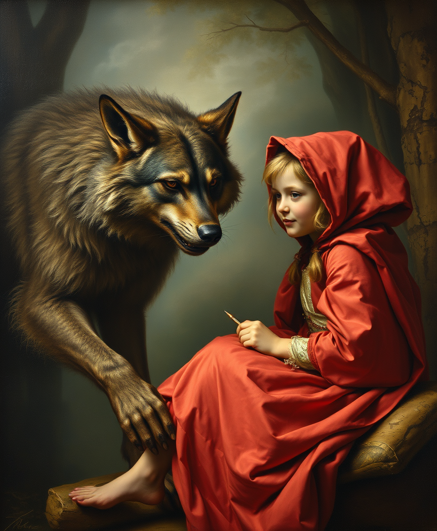 Little Red Riding Hood and the Wolf, In the style of Rembrandt's paintings, Old baroque style, Fine details sharpened, Image behind light fog, Visible brush strokes, Neoclassical