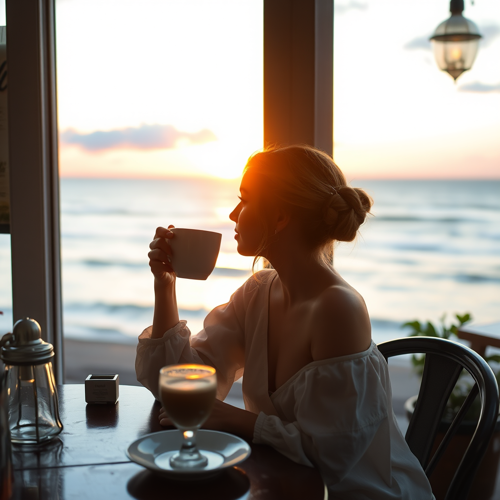 ☕ **Sunset Coffee**: "Woman at seaside café, aromatic coffee, watching sunset, sea and sky merging, tranquility, photorealistic style"