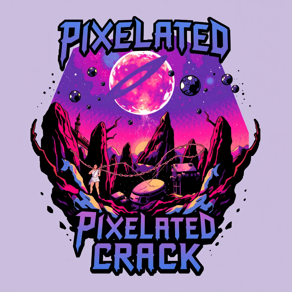 T-shirt design featuring a blocky, colorful 8-bit style of death metal blended with chiptune. The visual should be unique and striking, combining macabre aesthetics with beauty. The band name is "Pixelated Crack," and it should include a scene inspired by space. - Image