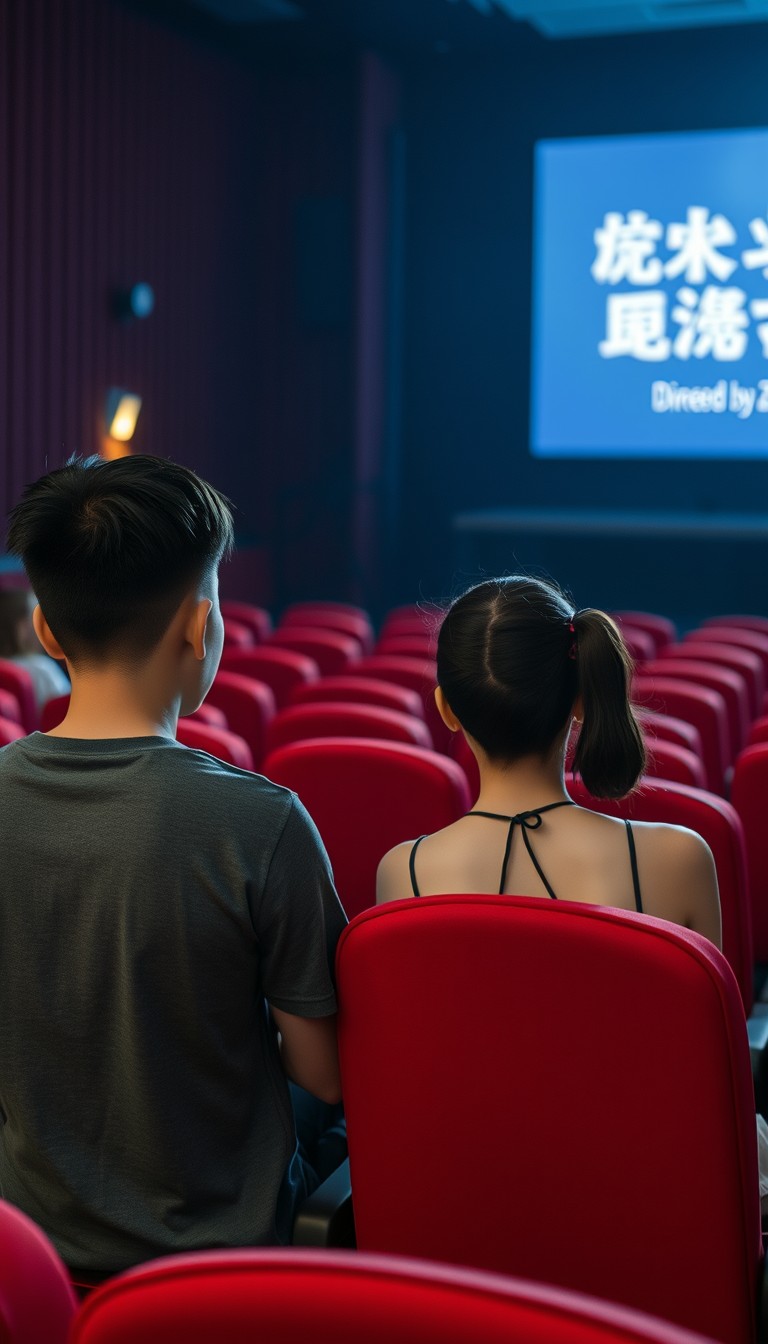 In a dimly lit theater, a young Chinese man and woman sit in seats watching a movie, the boy in a gray short-sleeved T-shirt, the girl with white skin, wearing a halter dress and a hairpiece, the seats in the theater are all red, and on the big screen in the theater, it clearly writes, "Directed by Zhang Fengwei", back view.