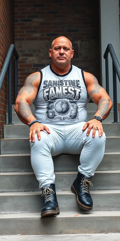 Portraying a behemoth of a man, this portrait captures a 60-year-old muscular skinhead seated majestically on concrete stairs. His bald head gleams against the light-skinned complexion, while the white t-shirt with a black and white graphic print stands out against his robust physique. Tattooed arms flex beneath the sleeveless shirt, adorned with intricate designs that dance across his skin. Tight bleached denim trousers emphasize the muscular legs, which are further accentuated by knee-high Dr. Martens boots with white laces. Against the rugged backdrop of a brick wall and metal handrails, this imposing figure exudes industrial grit.