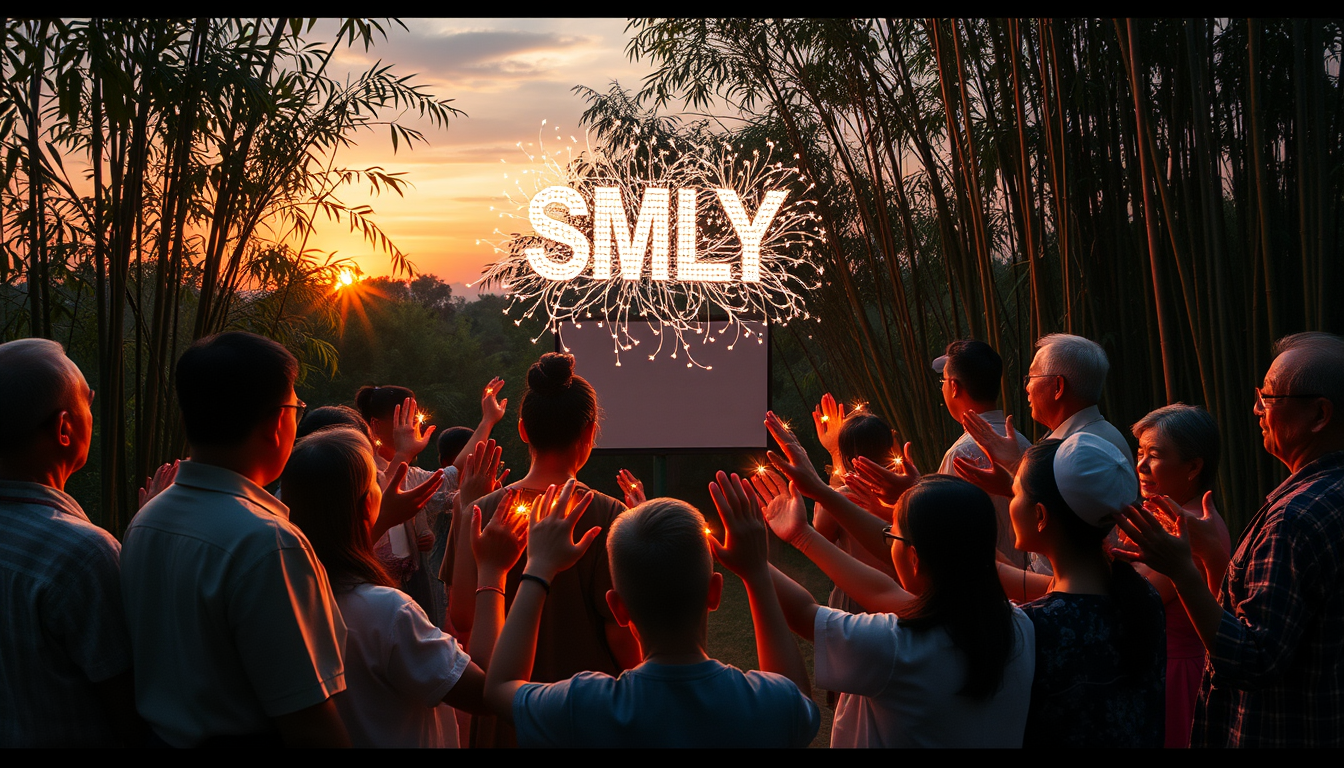 3. "Community Connection" A group of Vietnamese villagers from various walks of life - farmers, teachers, students, and elders - gather in a clearing surrounded by bamboo groves. They face a glowing screen, their hands extended in unison. Firefly-like lights dance from their palms, converging to form a shimmering "SMLYT" above their heads. The sunset casts a warm glow on the scene, highlighting the strong sense of community and shared purpose.