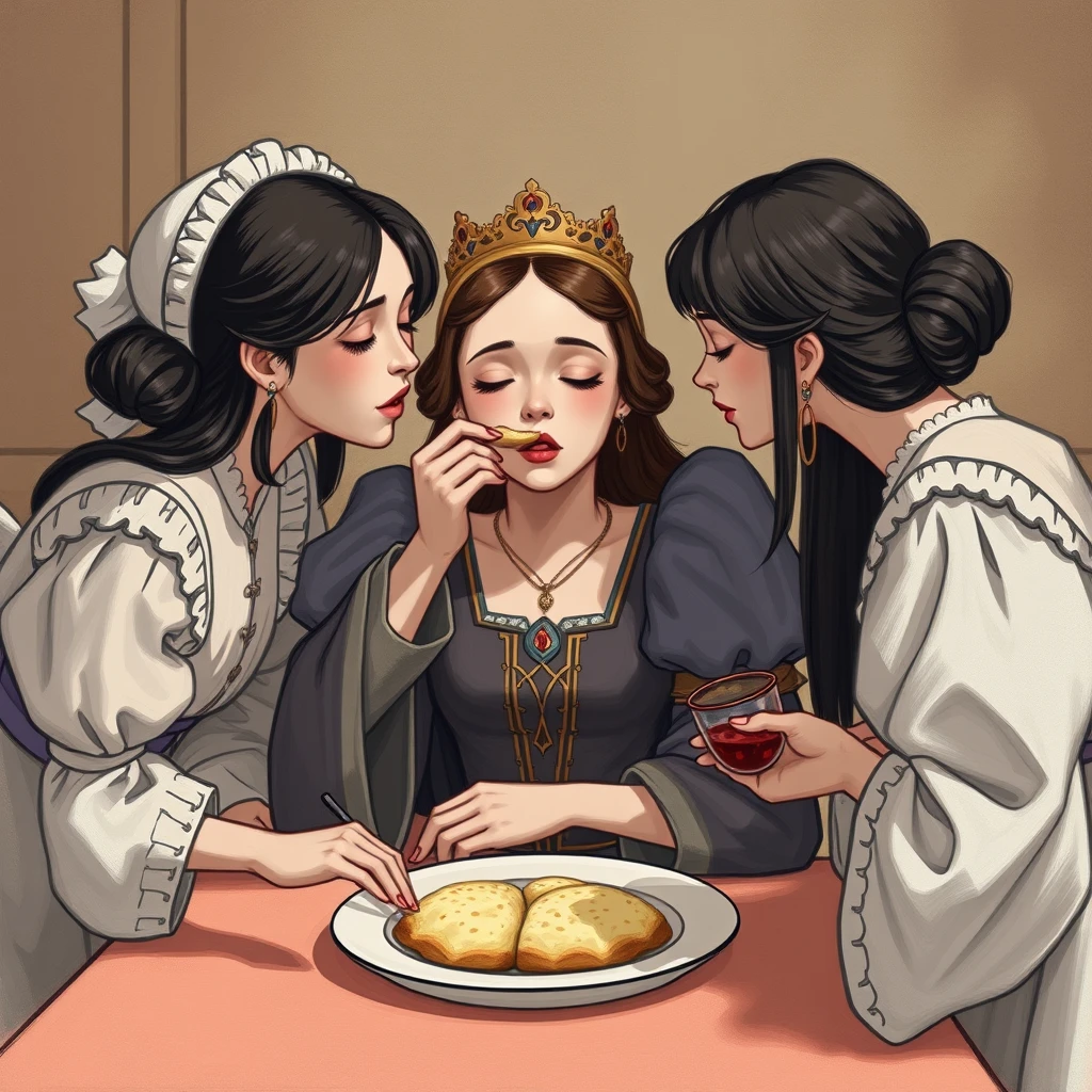 The princess was too lazy to lift a finger to eat, and had several maids feeding her, one bite from the left, one bite from the right. - Image