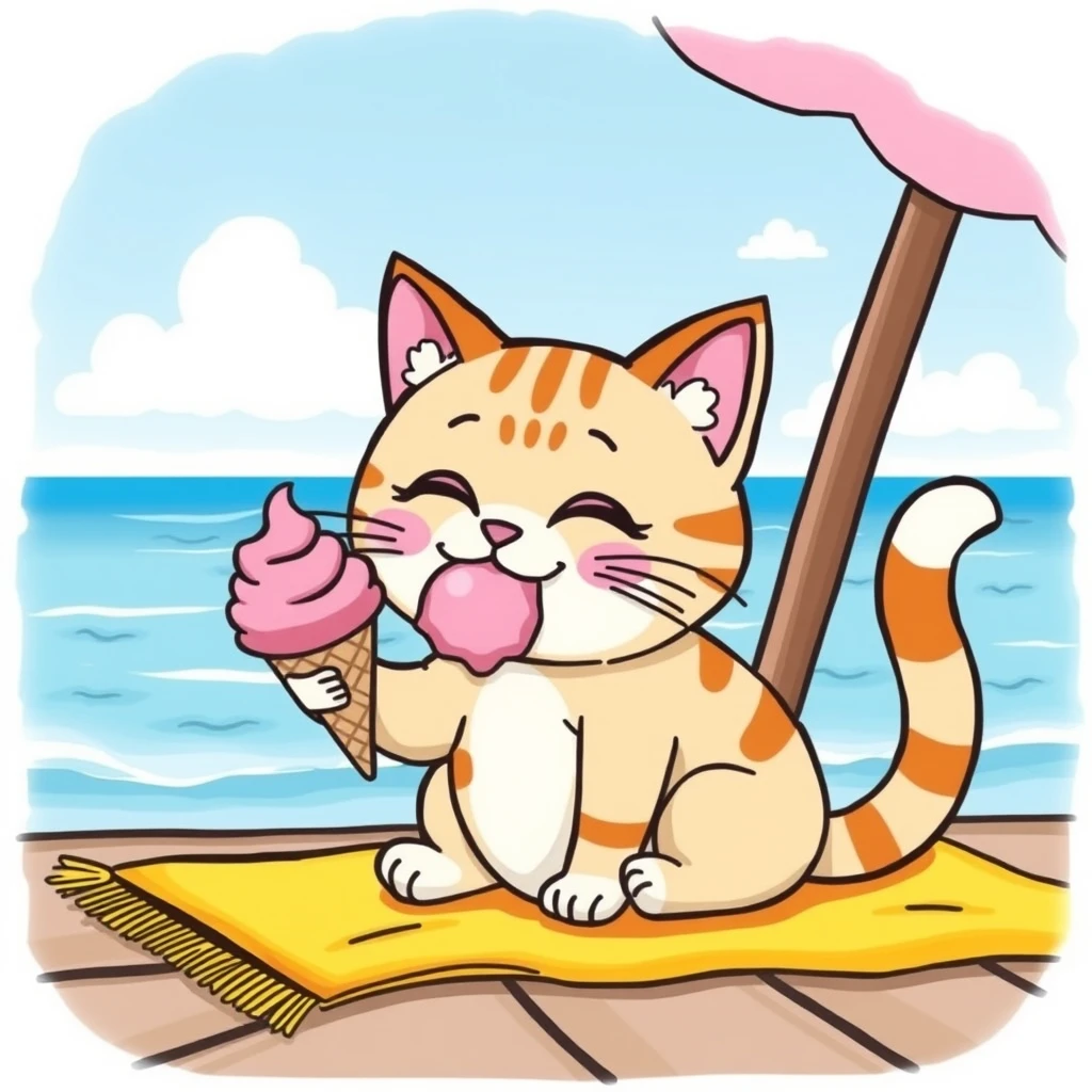 "Draw a cute cat eating pink ice cream on a yellow mat by the seaside."