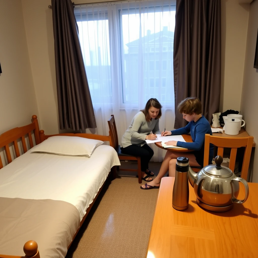 In the room, there is a bed, a table and chairs, a female tutor is helping the child with homework, and there is a thermos and a teapot.