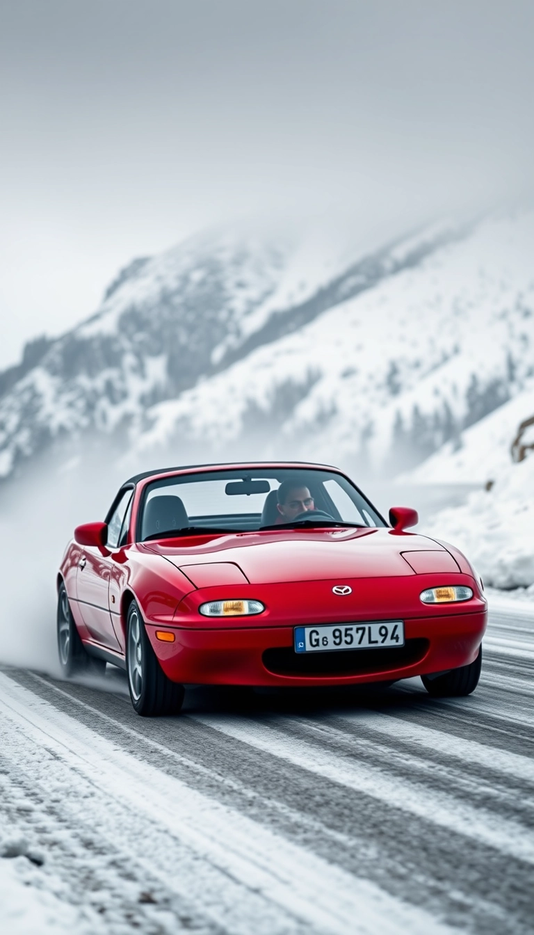 Create an image of a red 1991 Mazda mx5 drifting on a snowy mountain road. Remove the number plate of the car.