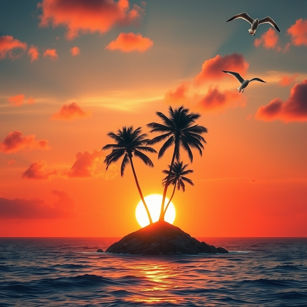 A beautiful view of a small island in the middle of the ocean, with some palm trees in the center of the island, at sunset, with suns in the background. The suns reflect on the ocean, the sky has reddish shades, there are some clouds in the sky, and some seagulls are flying in the sky. - Image