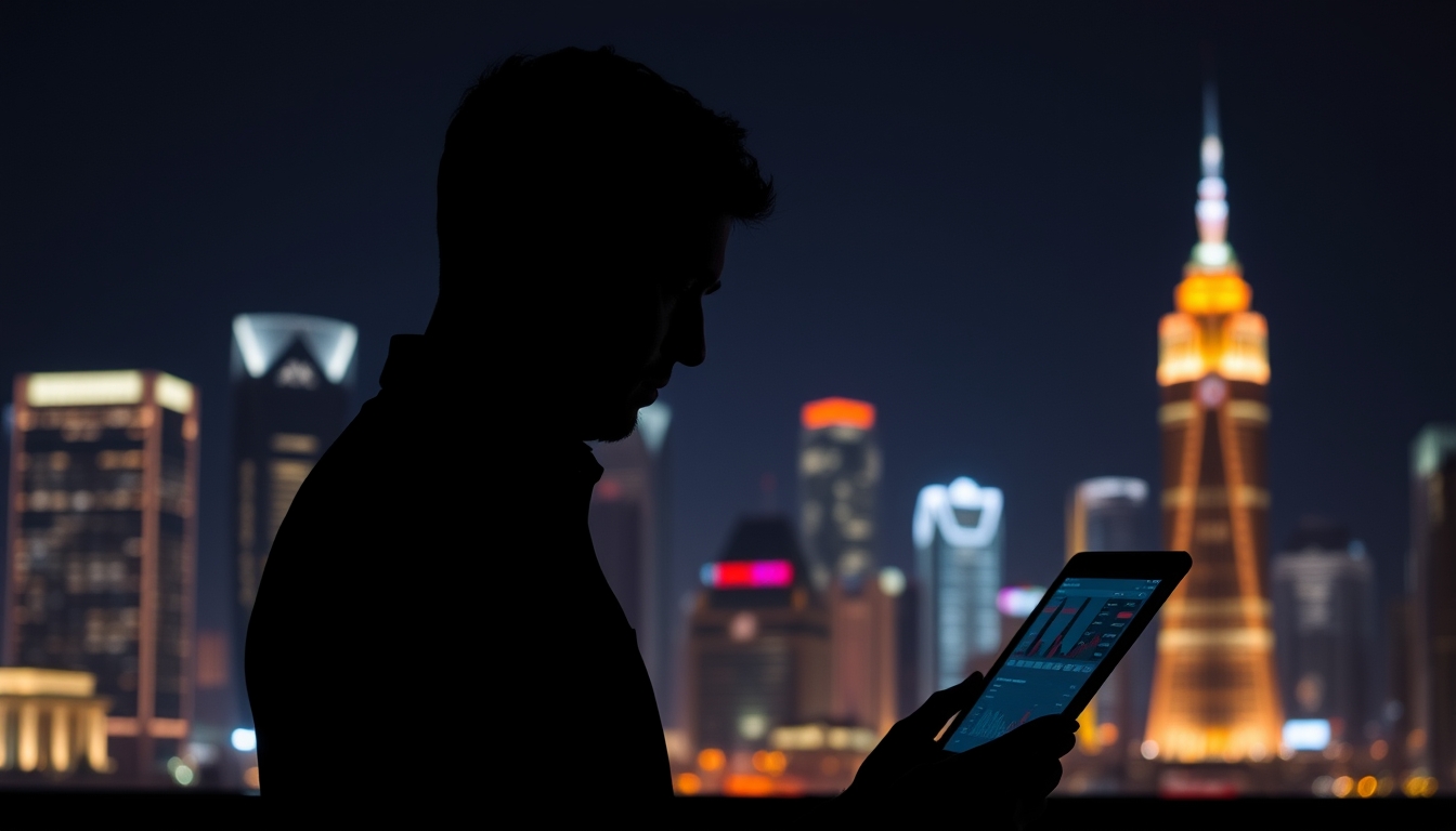 Silhouette of a Person Analyzing Financial Data with a Vibrant Cityscape Background at Night.