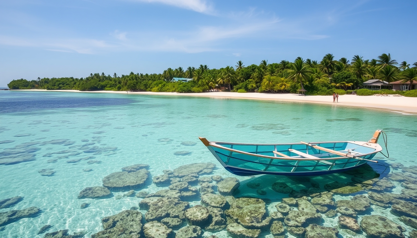 A tranquil beach with a glass-bottomed boat floating over a coral reef.