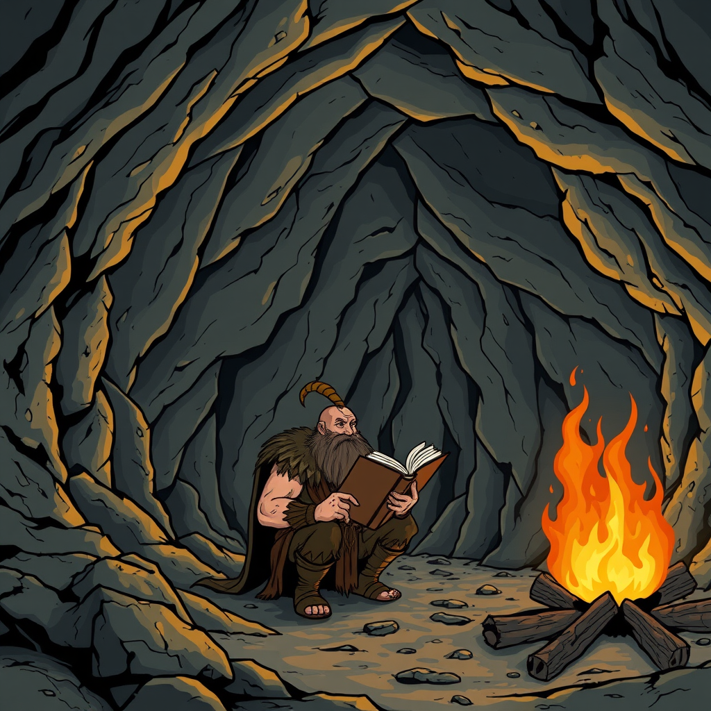 In the cave, there is a barbarian reading a book. The cave is very large, and there is a bonfire.