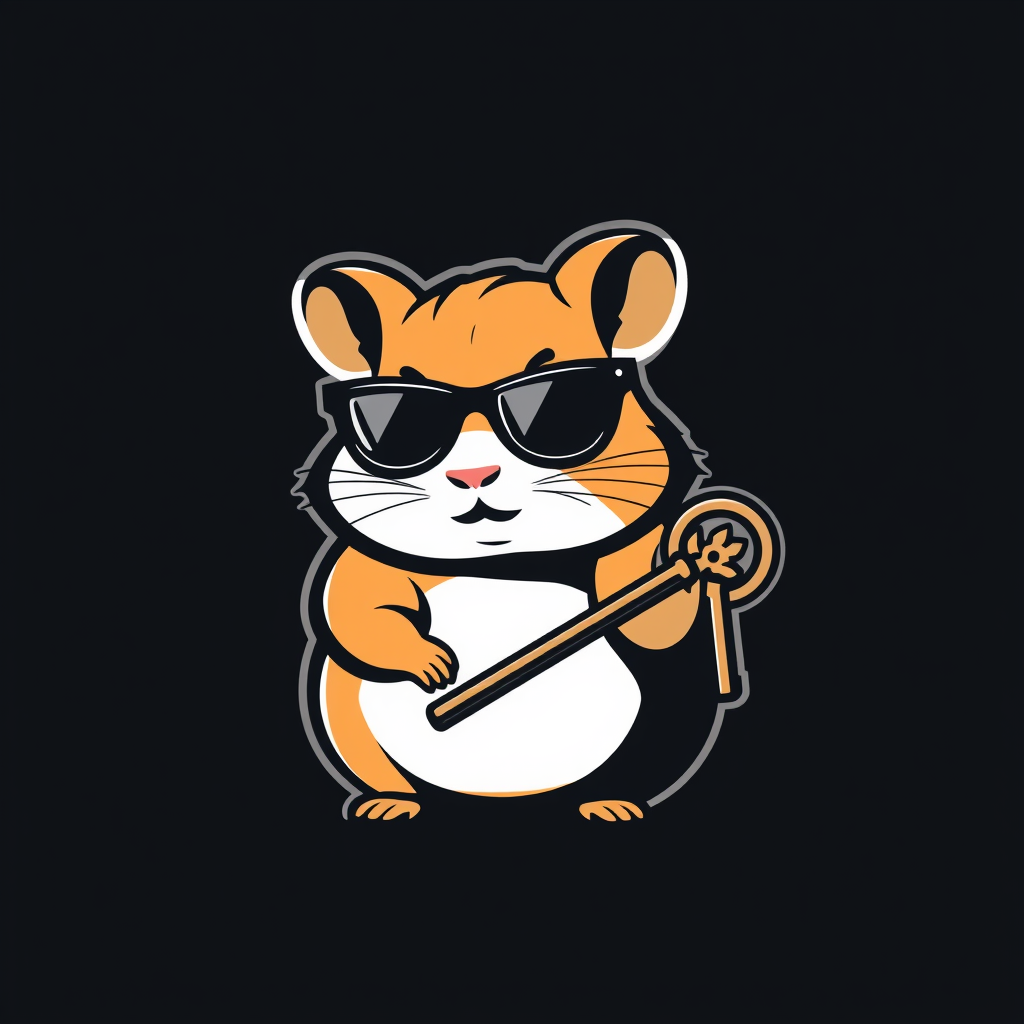 Minimalistic vector art logo of a hamster wearing dark glasses and holding a key, set against a dark background, characterized by bold lines, simple shapes, and a strong silhouette. - Image