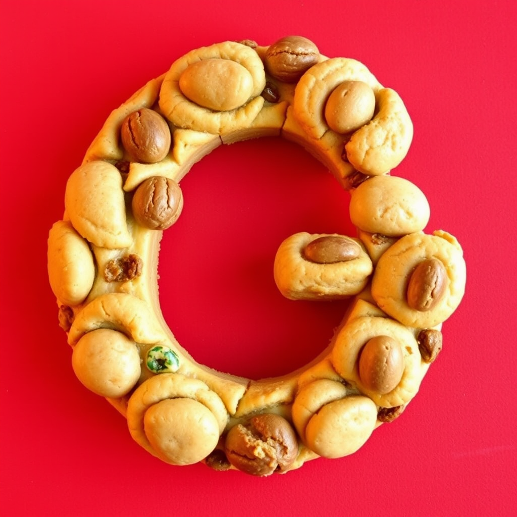 A letter "G" made of nut cookies, red background, realistic photograph.