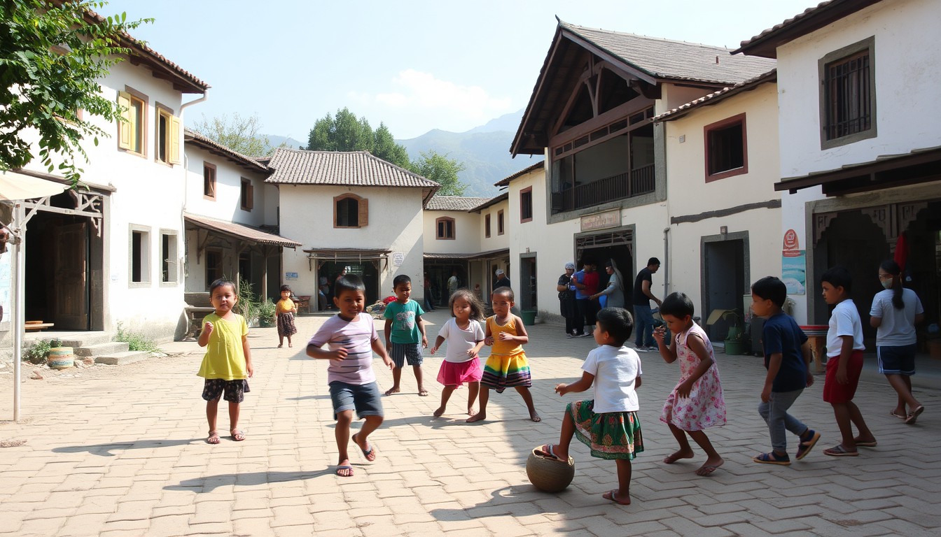 The children are playing and having fun in the central square of the village, and they are playing various traditional games.