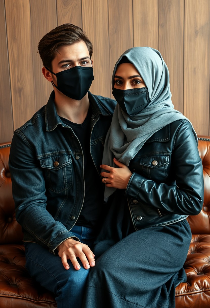 Jamie Dornan's head and body shot, handsome, black face mask, denim jacket, jeans, dating, love couple, with the biggest gray hijab Muslim girl, beautiful eyes, black face mask, black leather jacket, biggest skirt, hyper-realistic, studio photography, sitting on a classic leather sofa, wooden wall. - Image