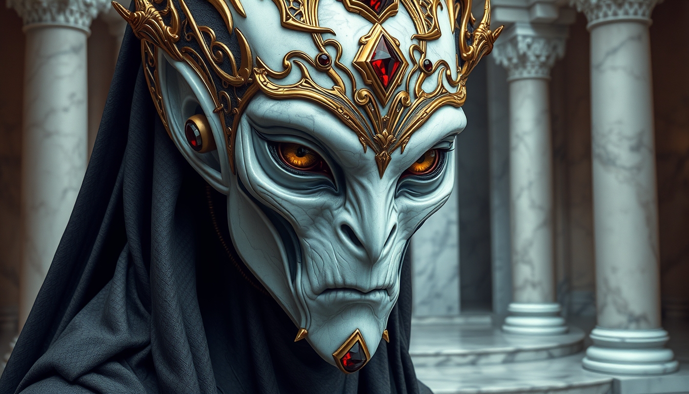 Upper body portrait, in the style of dark white and light bronze, gold filigree, fierce alien priest on an alien planet, adorned with garnet and bloodstone gemstones, standing in an ancient white marble temple, by Brian Froud and Heather Theurer, extremely detailed head and face, very realistic and symmetrical eyes, (eye contact with viewer), hyper detailed, hyper quality, artstation award winner, Epic realism, meticulous masterpiece.