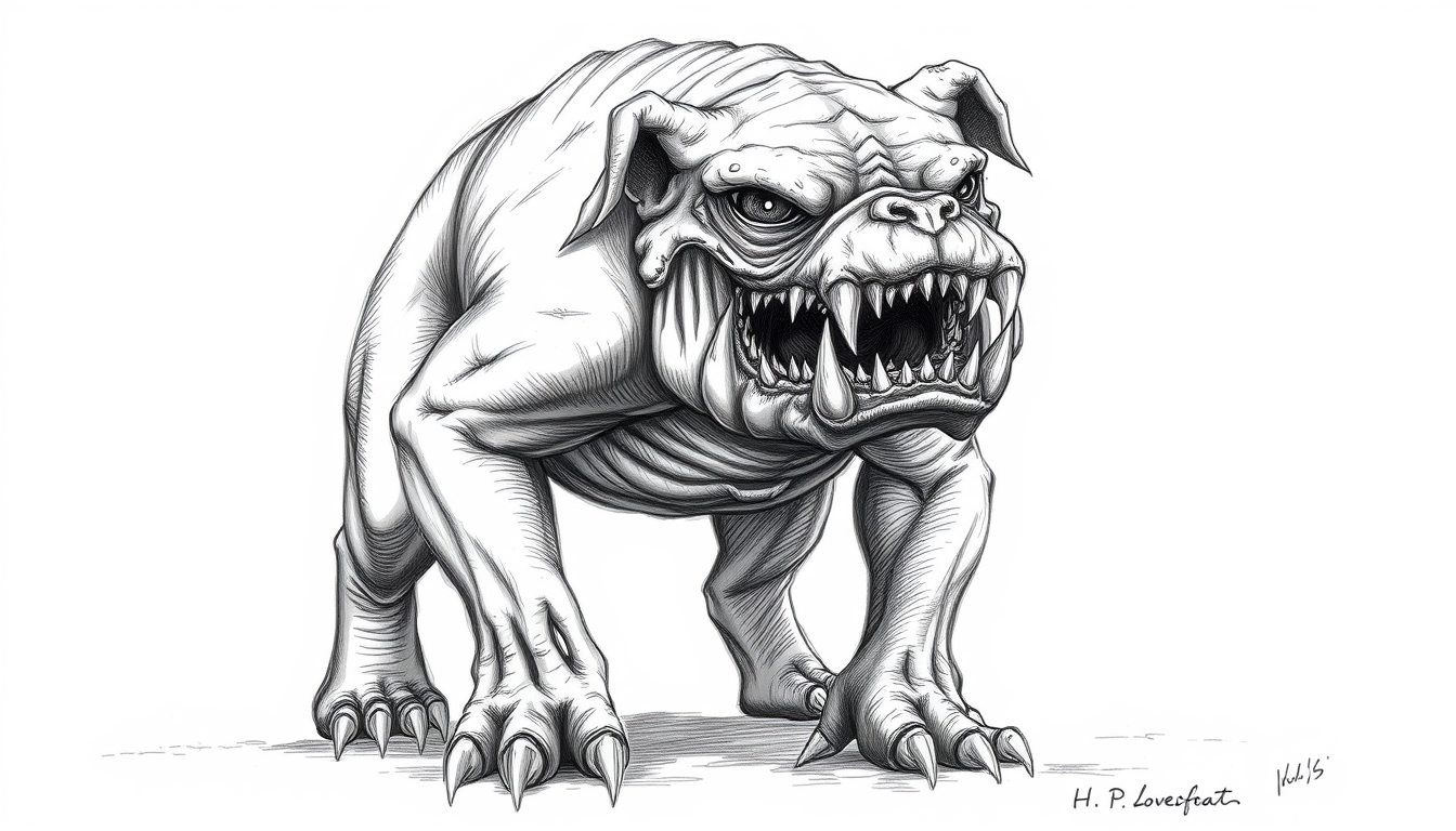 Horror Monster created by H.P. Lovecraft drawing, massive Bulldog with one big eye, full body, raw drawing.