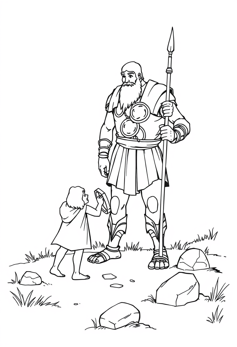 Coloring book page. Black and white sketch of David vs. Goliath: David as a small figure holding a sling, facing a much larger figure representing Goliath. Goliath should have simple armor and a spear. Include a few rocks on the ground near David. Line art vector style, white background, black and white drawing, sharp black lines.